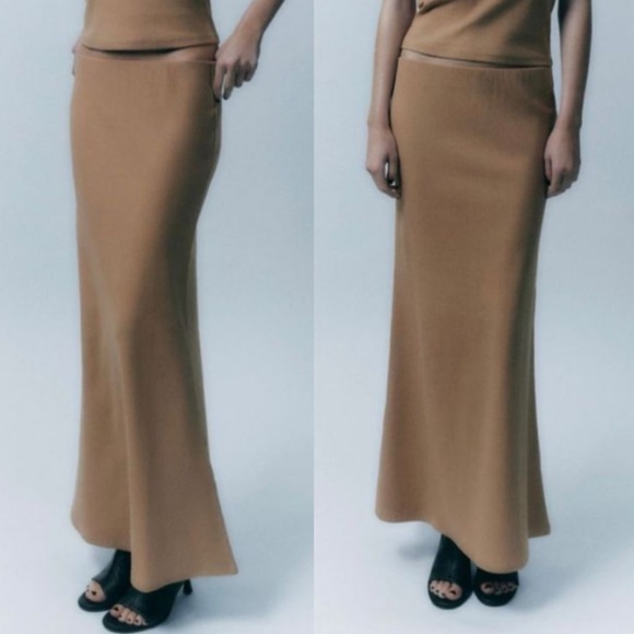 🍂 ZARA TAN RIBBED HIGH WAIST MAXI SKIRT! - Picture 5 of 11